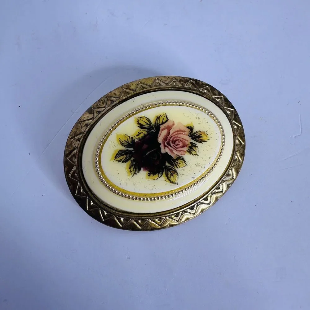 Vintage Gold Tone Enamel‎ Roses Brooch Pin Pendant